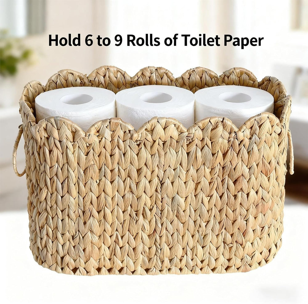 Narrow Wicker Toilet Paper Holder Basket with Lid, Scalloped Wicker Storage B...