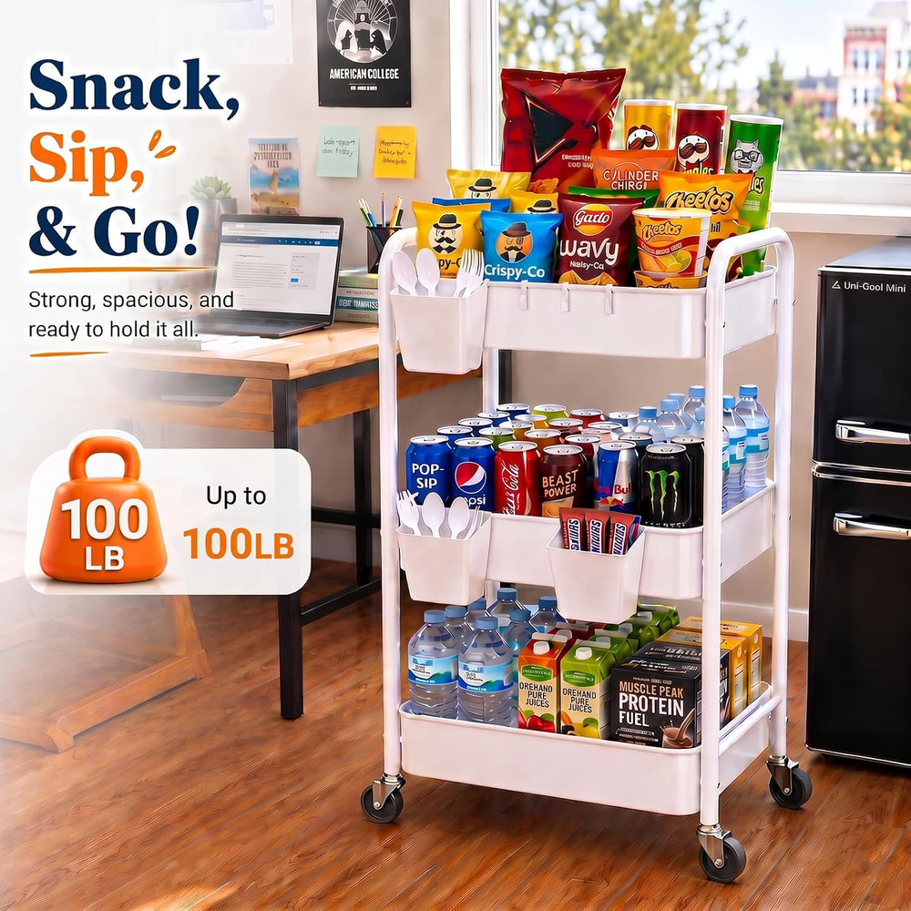 3 Tier Rolling Cart Metal with Wheels, White Three Tiered Carts on Wheels