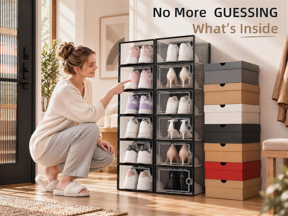 Kuject X-Large Shoe Storage Boxes 12 Pack, Clear Stackable Shoe Organizer