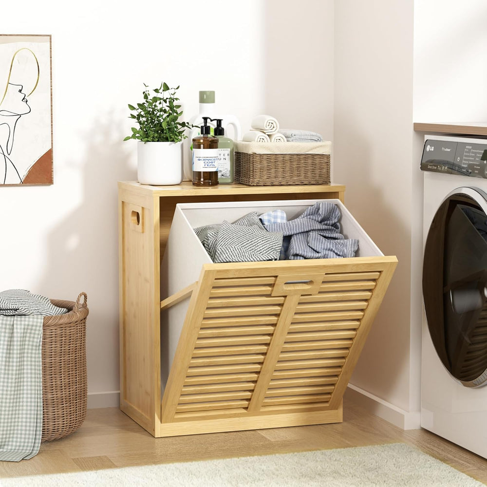 VASMIA Tilt Out Laundry Hamper, Bamboo Laundry Cabinet with Hidden Removable ...
