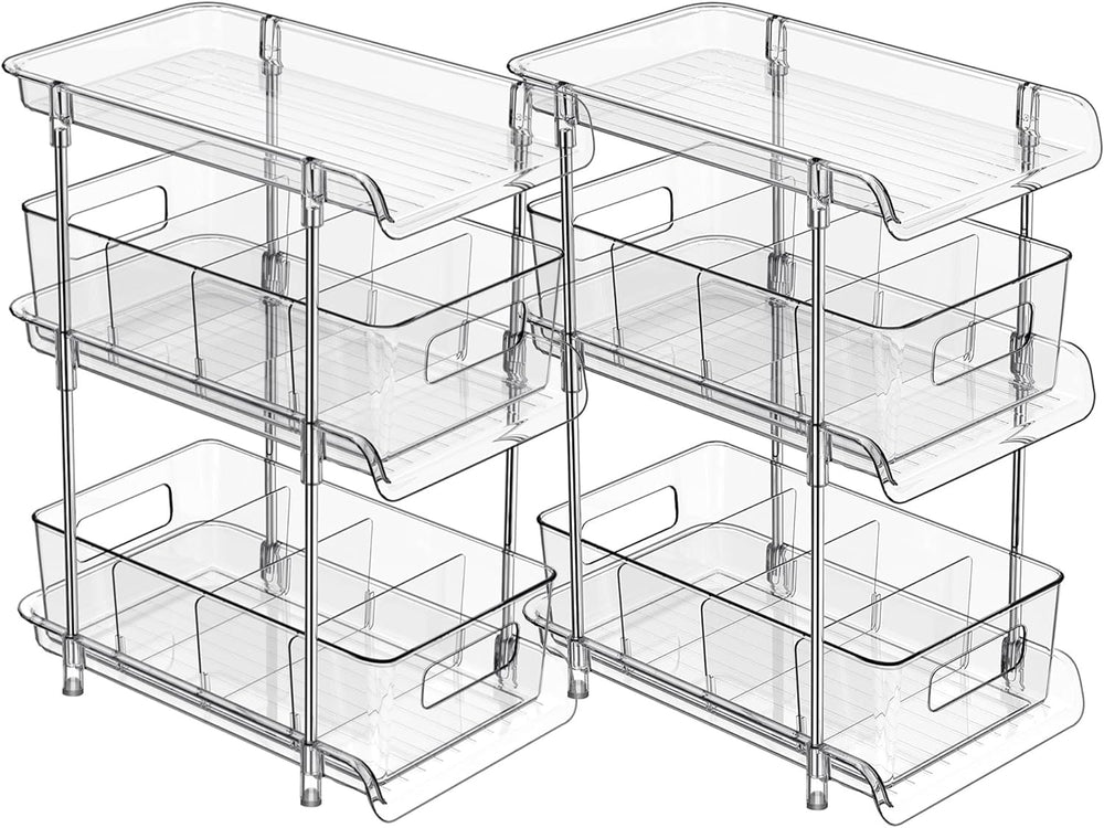 2Set 3 Tier Clear Bathroom Organizer with Dividers, Pull-Out Pantry Organizat...