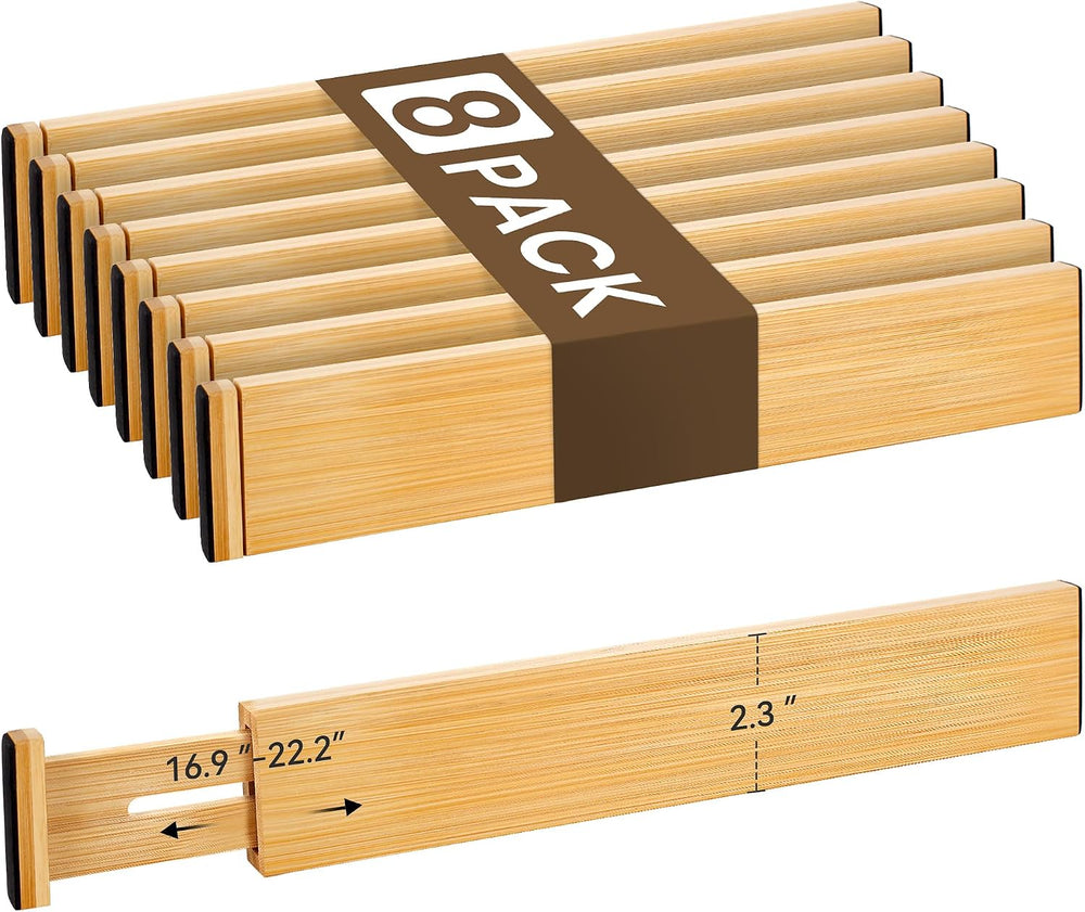 Adjustable Bamboo Drawer Dividers of 8, Expandable Organizers (16.9"-22....