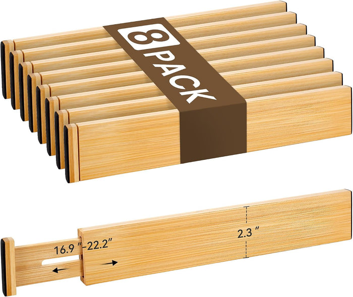 Adjustable Bamboo Drawer Dividers of 8, Expandable Organizers (16.9"-22.2")