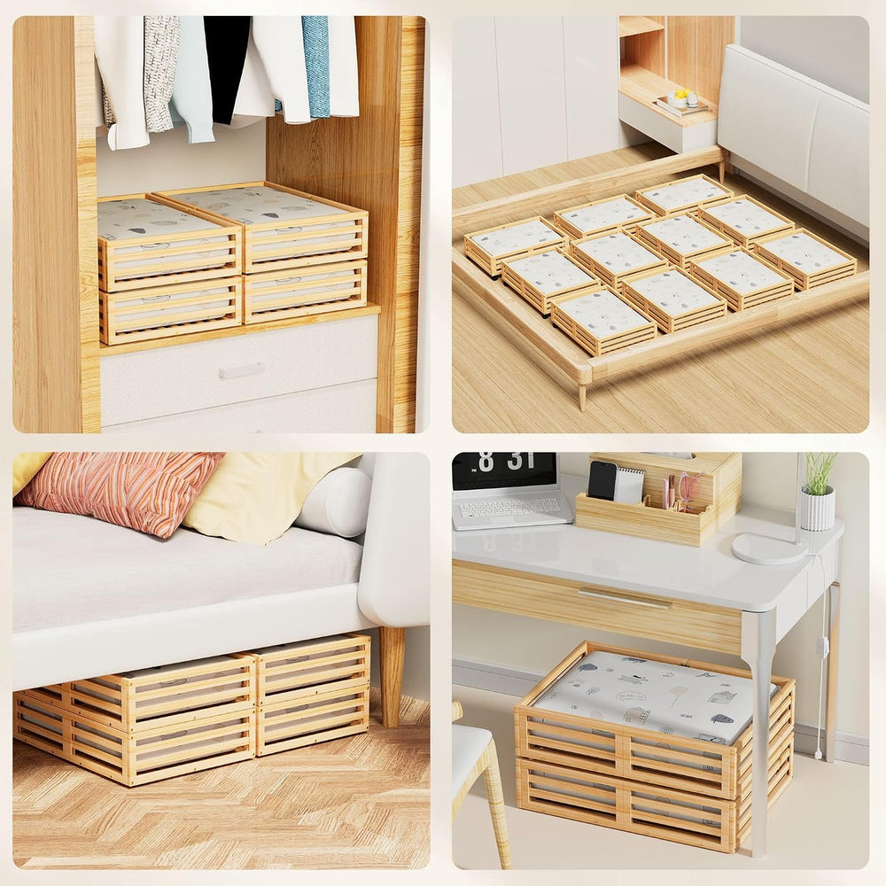 Bamboo Under Bed Storage with Wheels Rolling Underbed Drawer with Lids