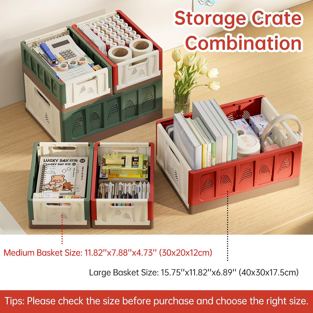 HAIXIN Large Storage Crates Foldable Plastic Shelf Basket, Green, 4 Pack