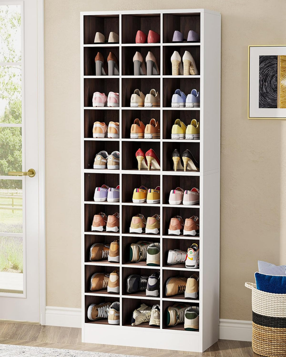 Tribesigns 10-Tier Shoe Storage Cabinet, White and Brown Wooden Shoe Rack wit...