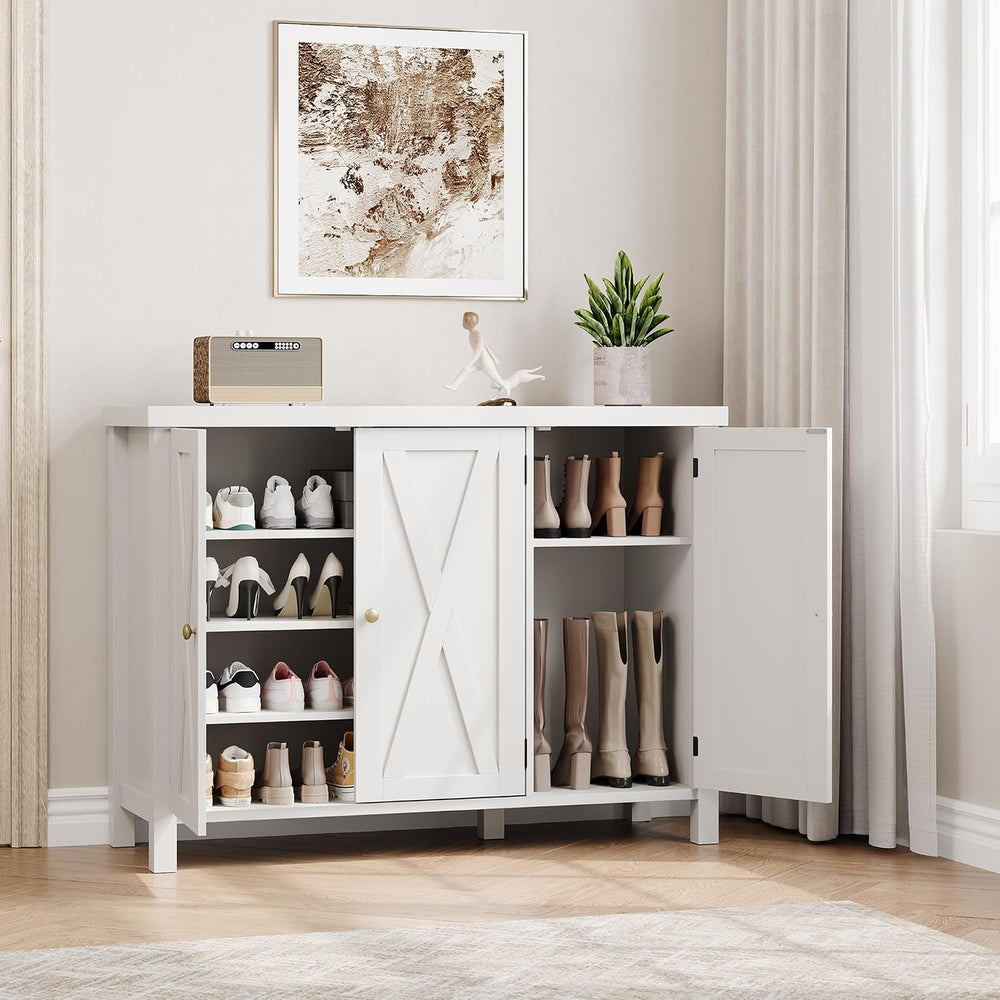 CABIHOME Farmhouse Shoe Cabinet with 3 Barn Doors & Wood Legs, 5-Tier Sho...