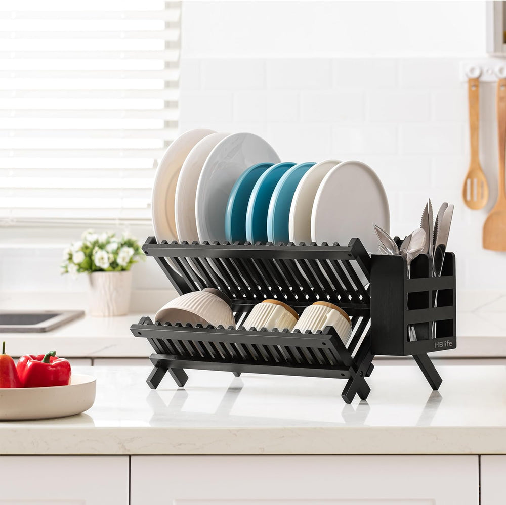 HBlife Dish Rack, Bamboo Folding 2-Tier Collapsible Drainer Dish Drying Rack ...