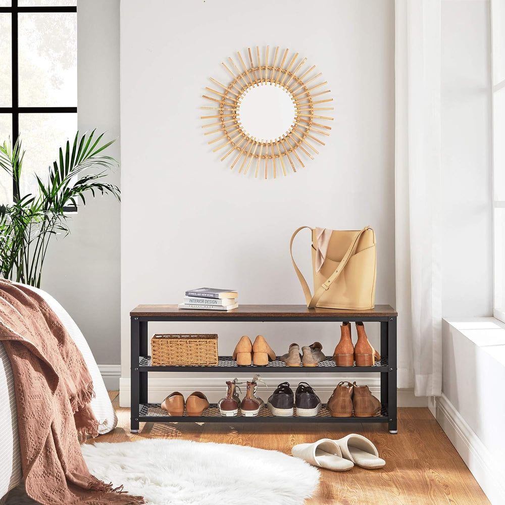 VASAGLE 3-Tier Shoe Rack, Storage Bench with Metal Mesh Shelves and Seat