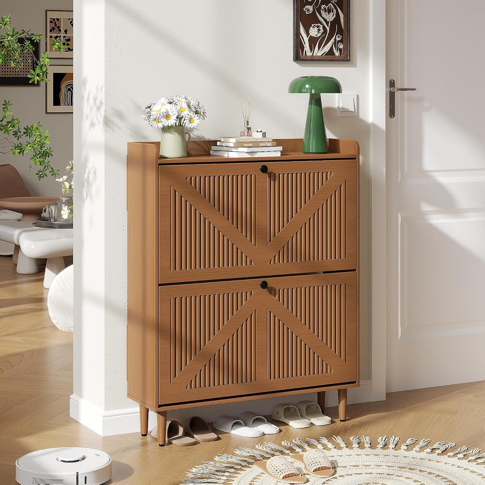 Narrow Shoe Storage Cabinet with 2 Flip Drawers for Entryway (Walnut)