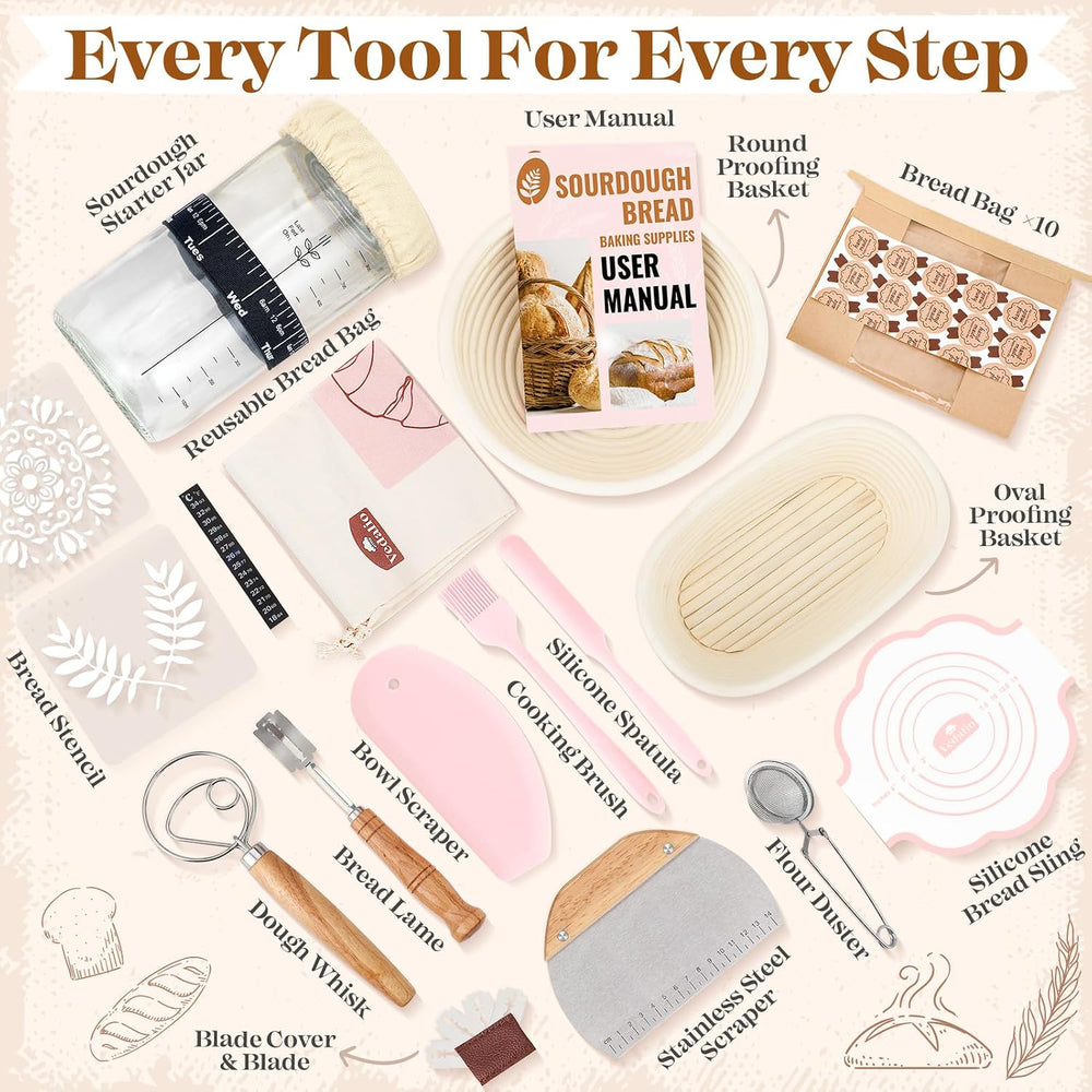 Sourdough Starter Kit Complete Set with Tools, Proofing Baskets, Jars