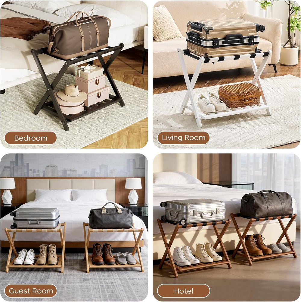 Fully Assembled Walnut Luggage Racks Set of 2, Bamboo Luggage Stand