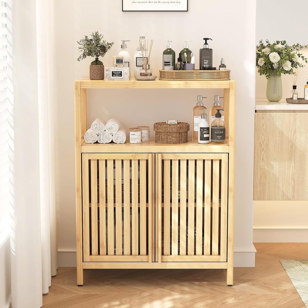 Bamboo Bathroom Storage Cabinet Furniture, Bathroom Floor Cabinet with 2 Shut...