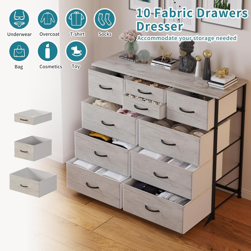 LUMTOK 10 Drawers Dresser with Fabric Bins for Bedroom,Closets，Greige