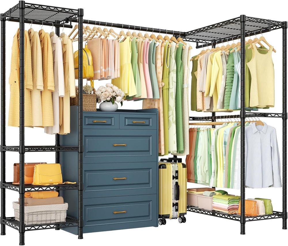ULIFHOME E10L L-Shaped Clothes Rack for Corner（With Expandable Hanger Rod）Hea...