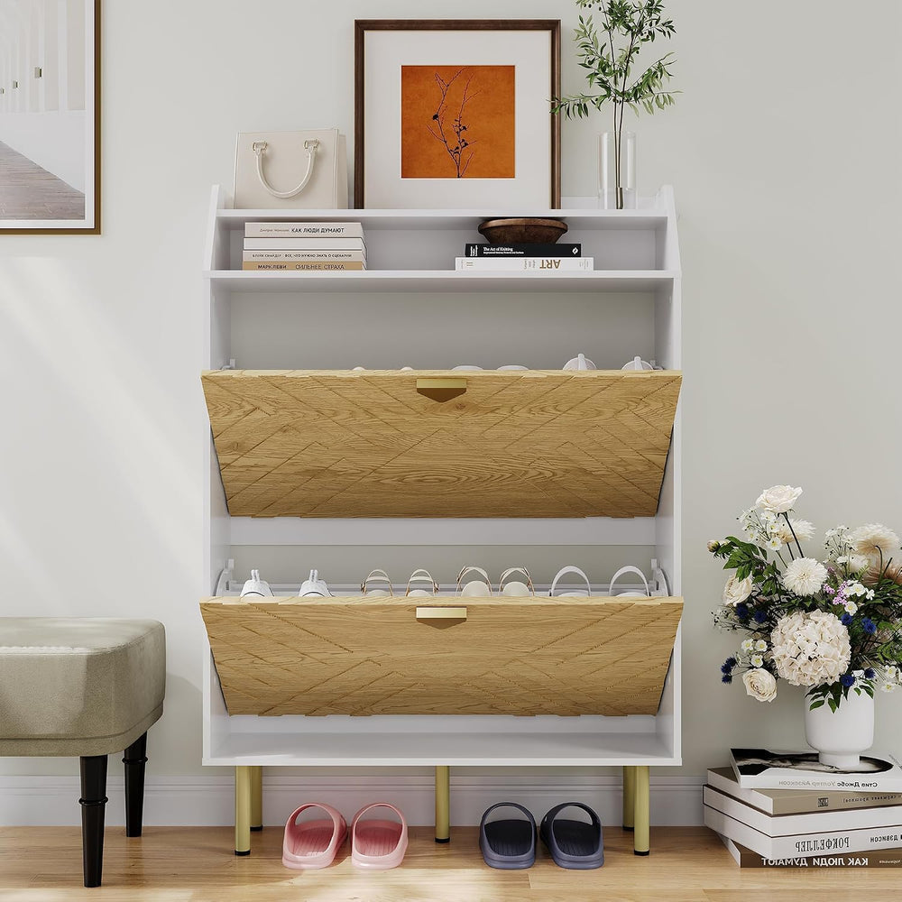 Slim Wood Color Shoe Cabinet, 2-Drawer Shoe Storage Organizer with Adjustable...