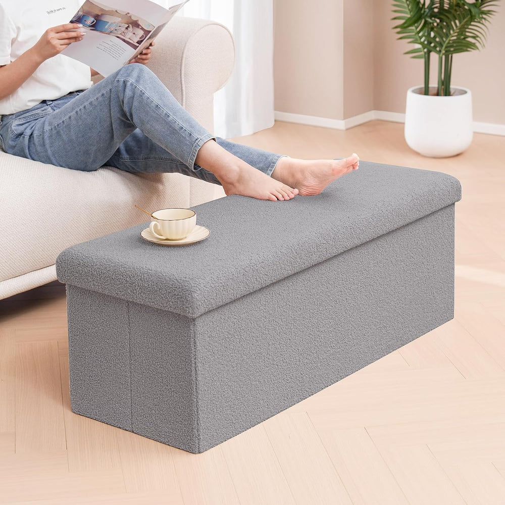 PINPLUS Storage Ottoman Bench Sherpa Foot Rest, Foldable Boucle Ottomans, Lar...