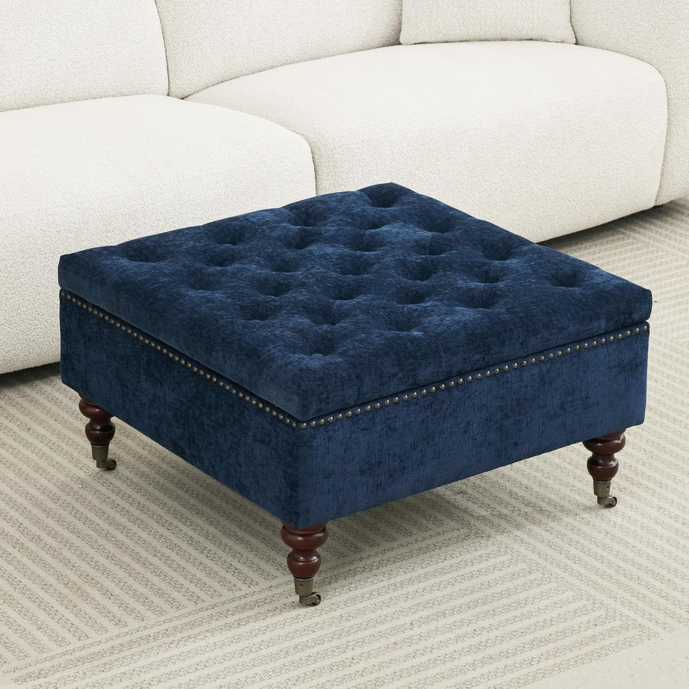 Large Square Storage Ottoman Tufted Button Coffee Table, Dark Blue