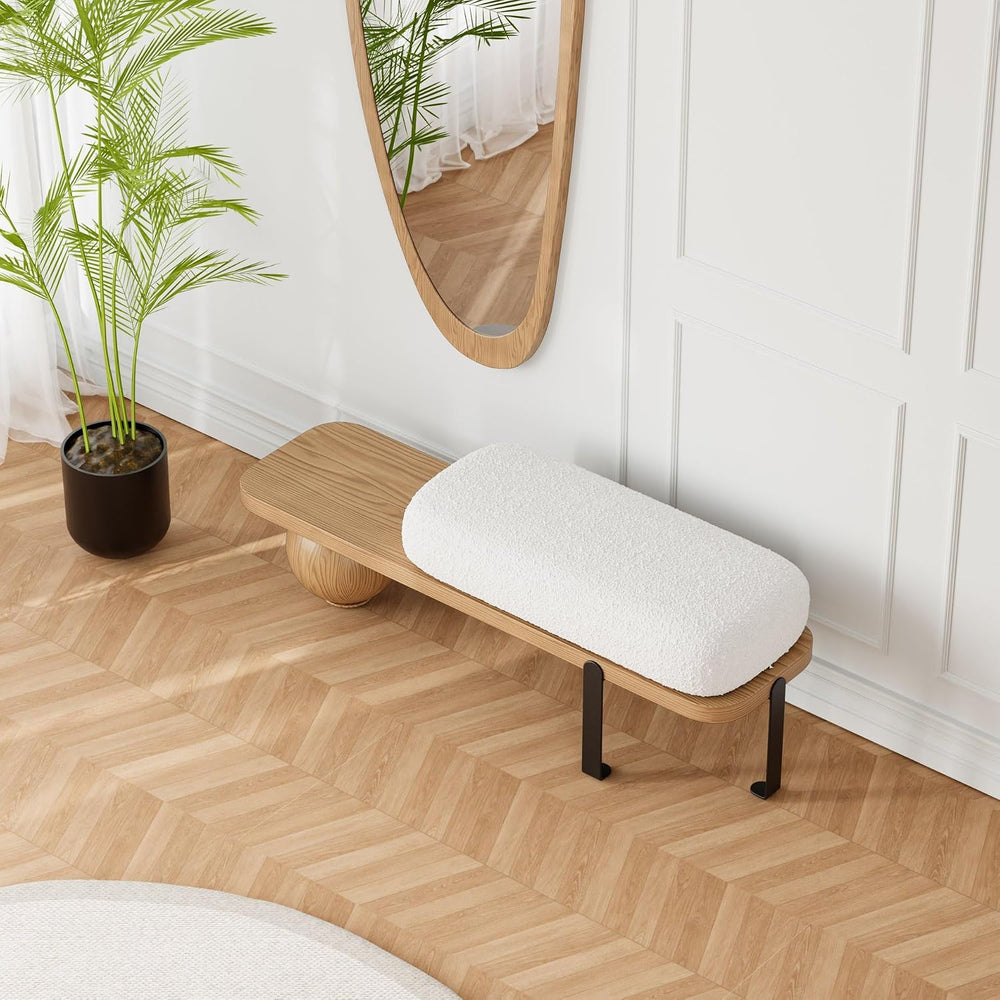 homary Entryway Bench, Modern Wooden Boucle Upholstered Bench with Abstract M...