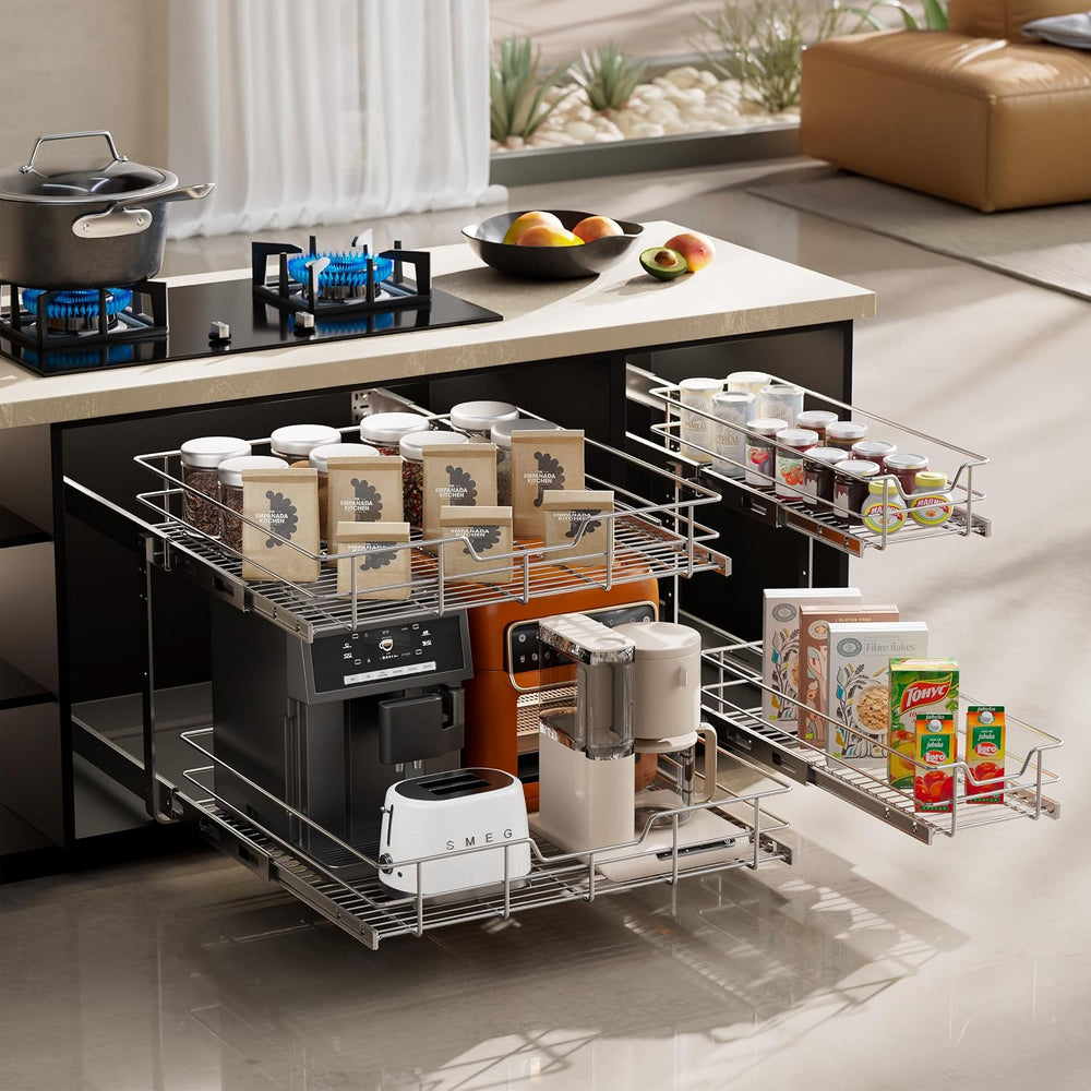 2 Tier Pull Out Cabinet Organizer 15" W X 17" D, Chromed, Full Slid...