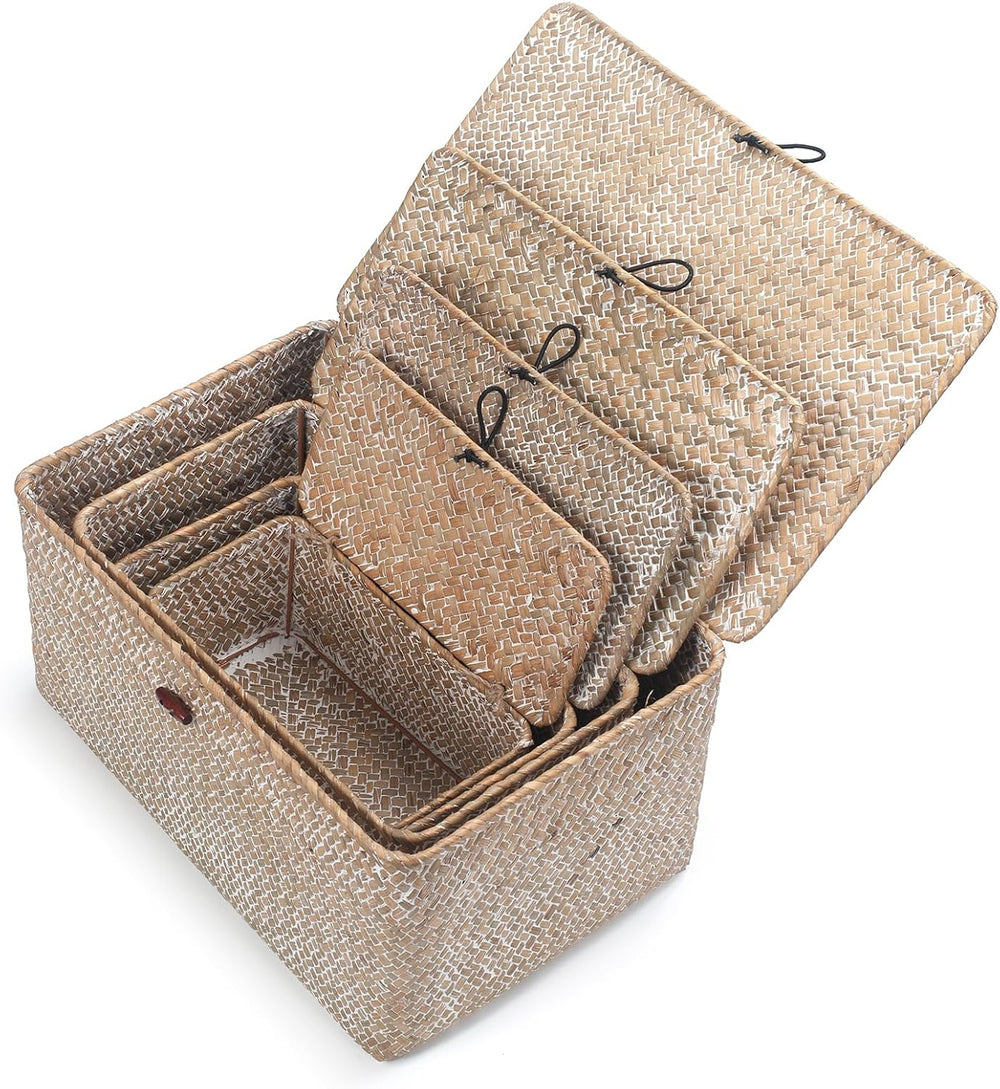 Wicker Basket with Lid, Seagrass Storage Basket, Woven Decorative Storage Bas...