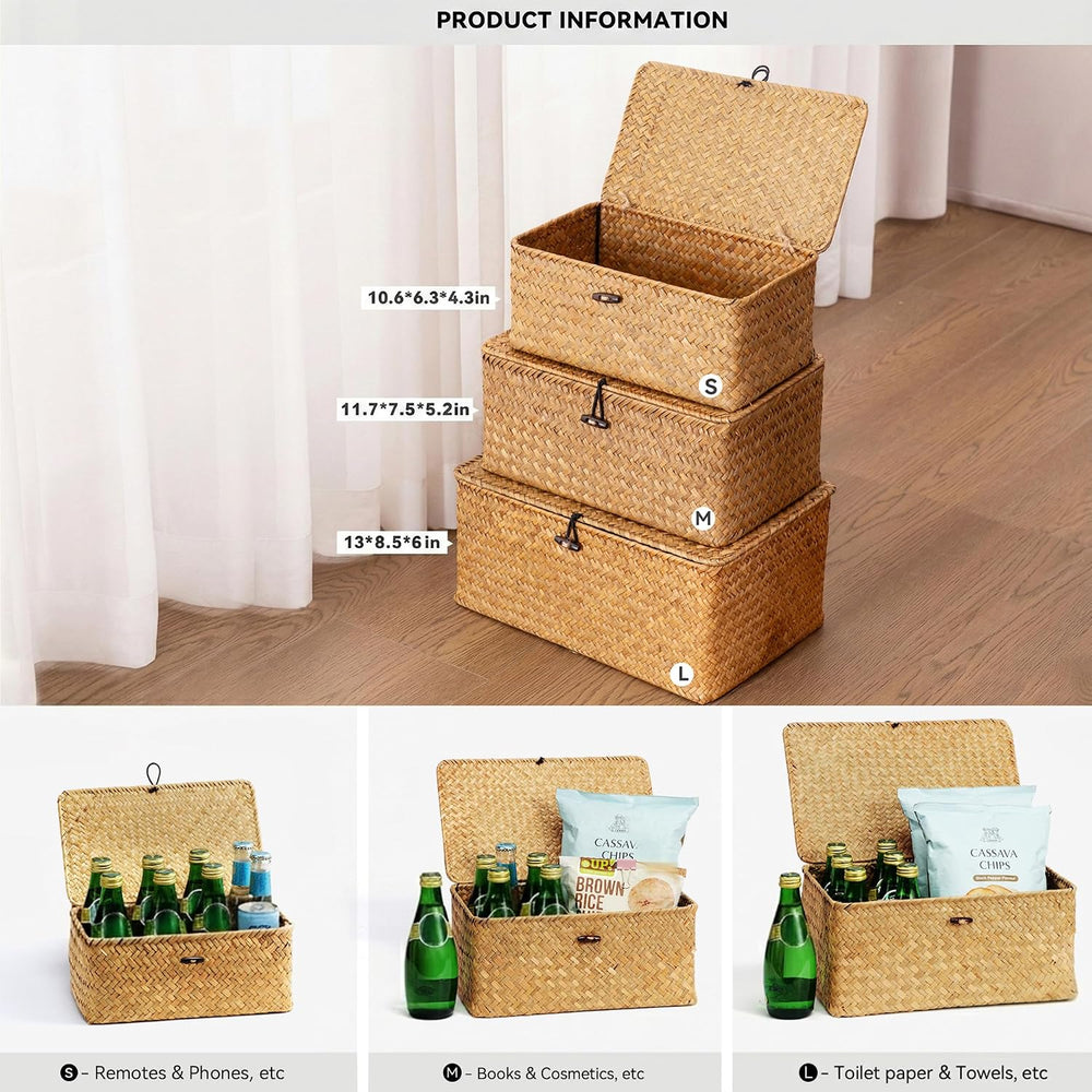 Nonam Wicker Storage Basket with Lid,Seagrass Shelf Basket Set of 3,Natural