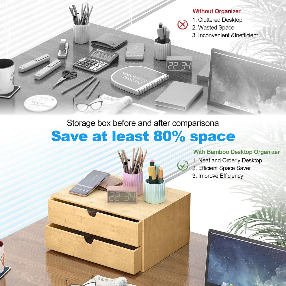 Bamboo Desk Drawer Organizer, Large Desktop Organizer with Drawers Tabletop S...