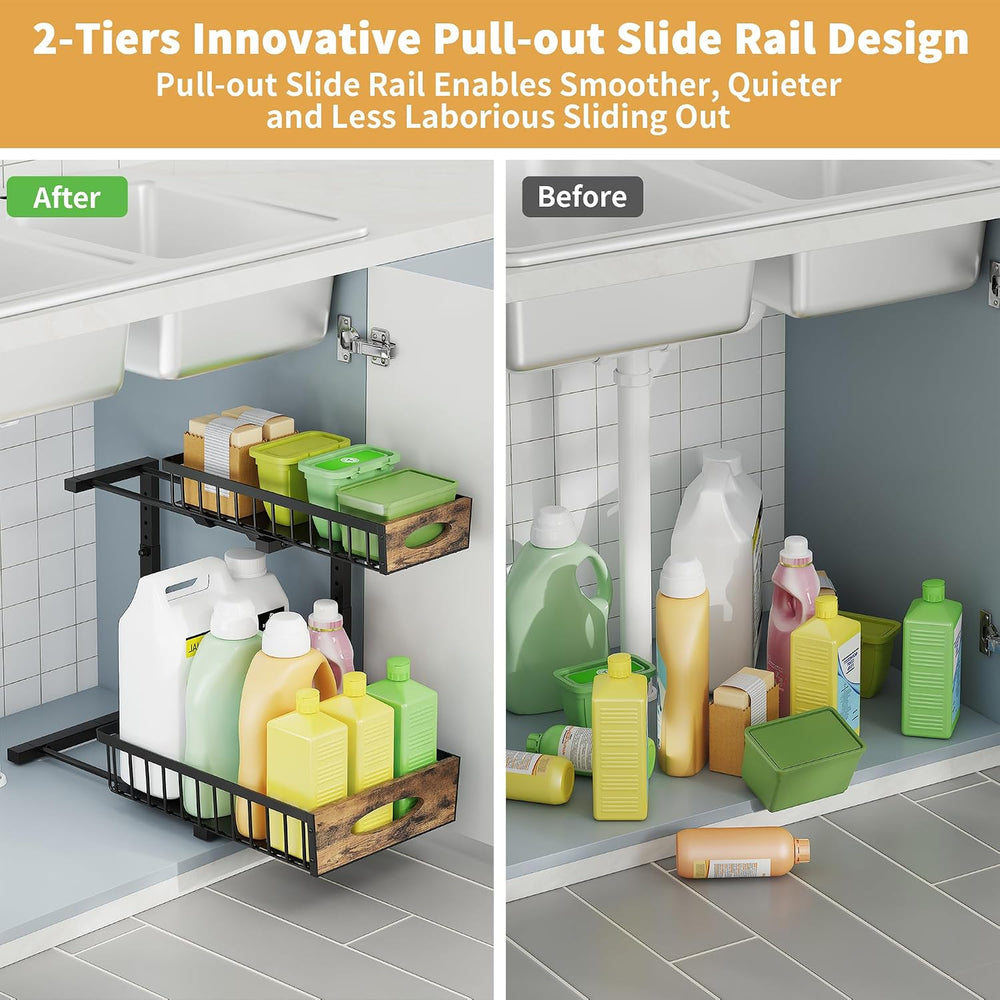 2 Pack Metal Under Sink Organizer with Sliding Drawer, Black