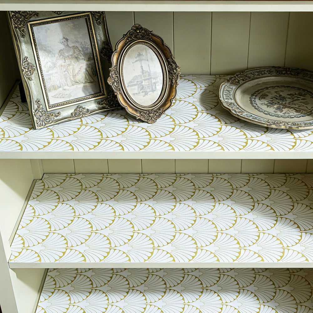 Shelf Liners Non Adhesive Gold Background White Fan-Shaped Pattern