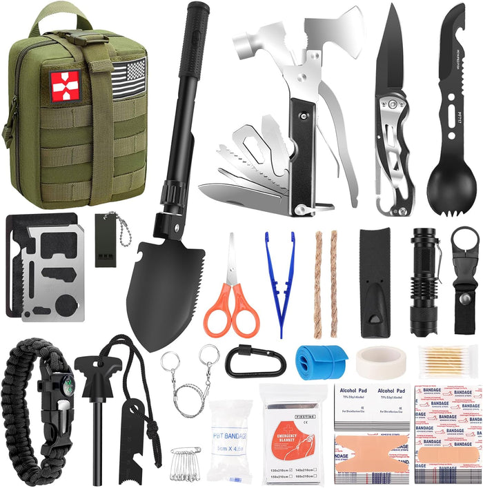 Gifts for Men Christmas Survival Kit and First Aid kit, Emergency Supplies Camping Accessories with Upgraded Molle Bag for Outdoor Adventure Camping Hiking Hunting