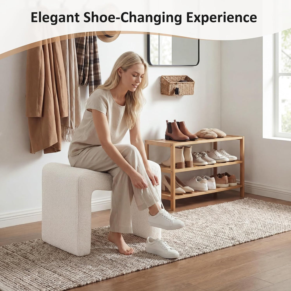 Modern Boucle Ottoman, Vanity Stool Chair, Foot Stool with Wooden Legs Sofa B...