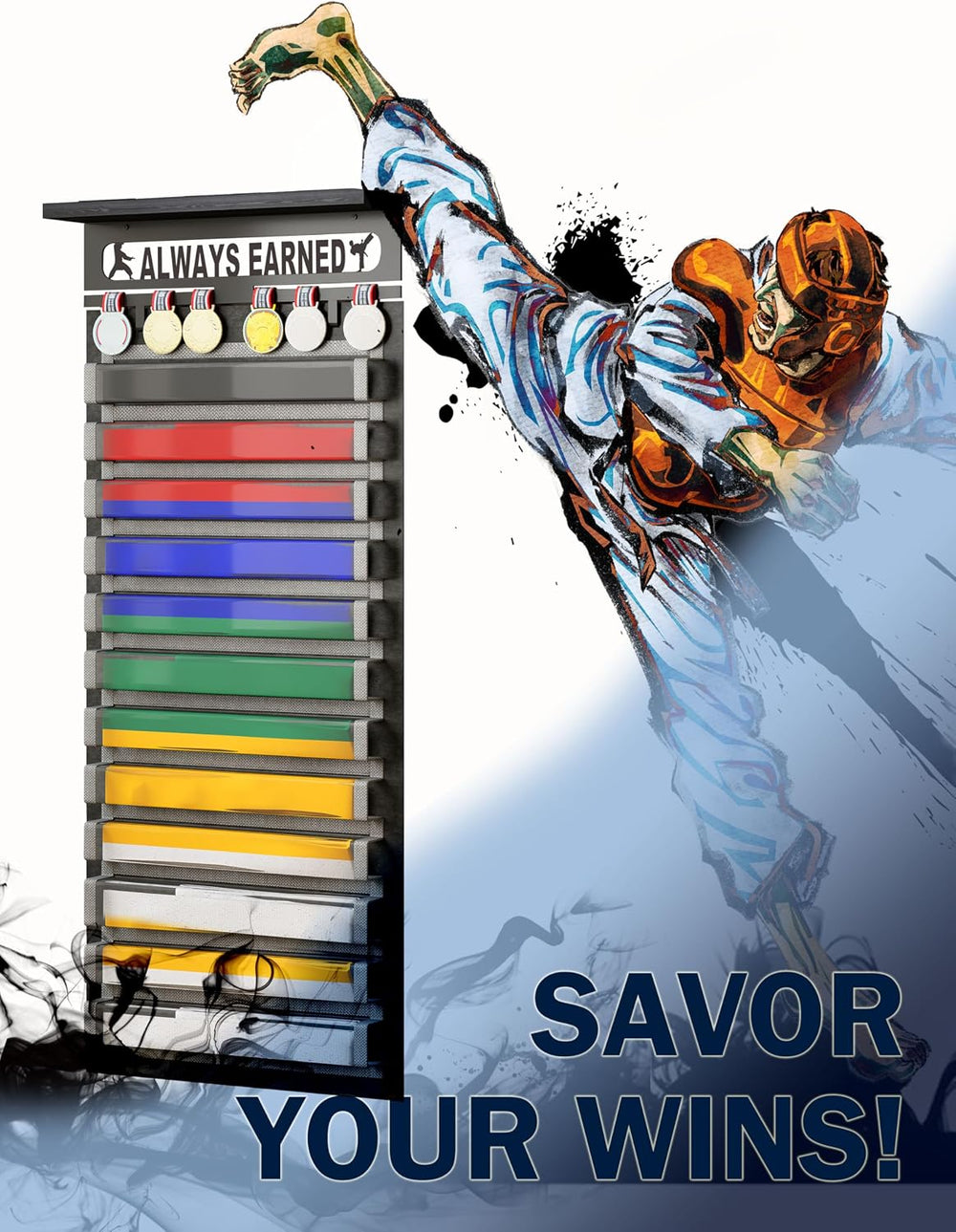 3 in 1 Karate and 12 Belts Taekwondo Belt Display Rack with Medal Hanger, Tro...