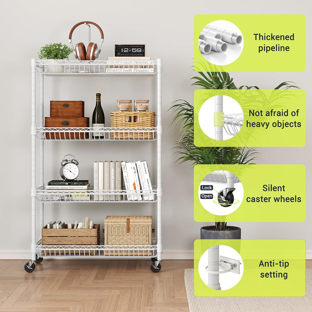 4-Tier Rolling Storage Shelves with Wire Baskets,30x13.5x44.5in