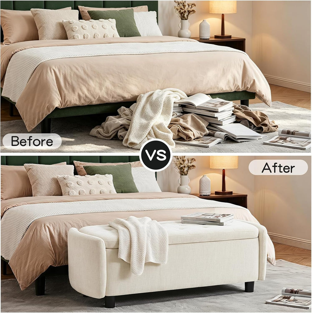 Furniliving 46.5‘’ Chenille Storage Bench, Button-Tufted Upholstered Storage ...