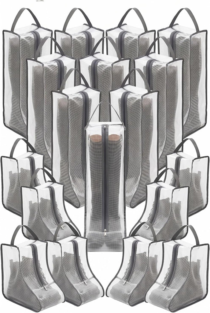 20 Pack Boot Storage Bags, Waterproof PVC Clear Shoe Bags with Zipper and Handle, 10 Tall and 10 Short Dustproof Organizer Pouches for Travel and Closet (Grey)