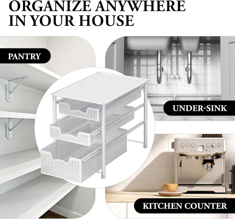 Simple Houseware 3 Tier White Alloy Steel Sliding Basket Organizer Drawer Cab...