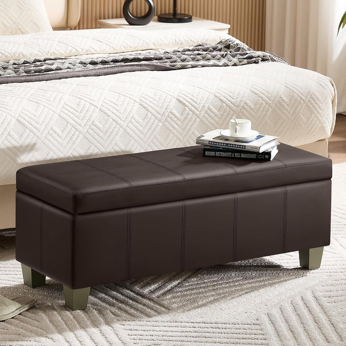 41" Faux Leather Storage Ottoman, Stitch Tufted Rectangle Upholstered End of