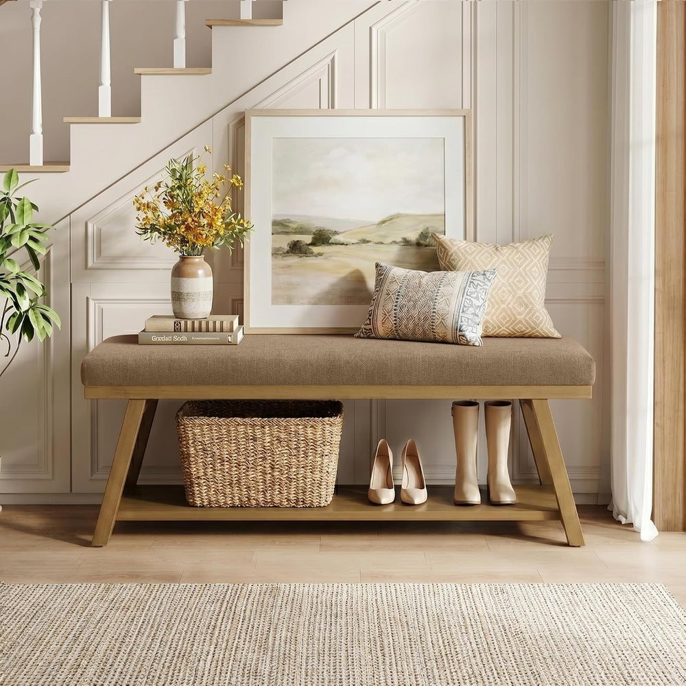 Zihanhome 45" Entryway Bench Upholstered Storage Bench for Bedroom(Brown)