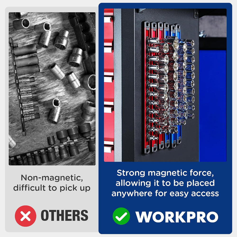 WORKPRO Magnetic Socket Organizer Set, 6-Piece 1/4” 3/8” 1/2” Socket Rails