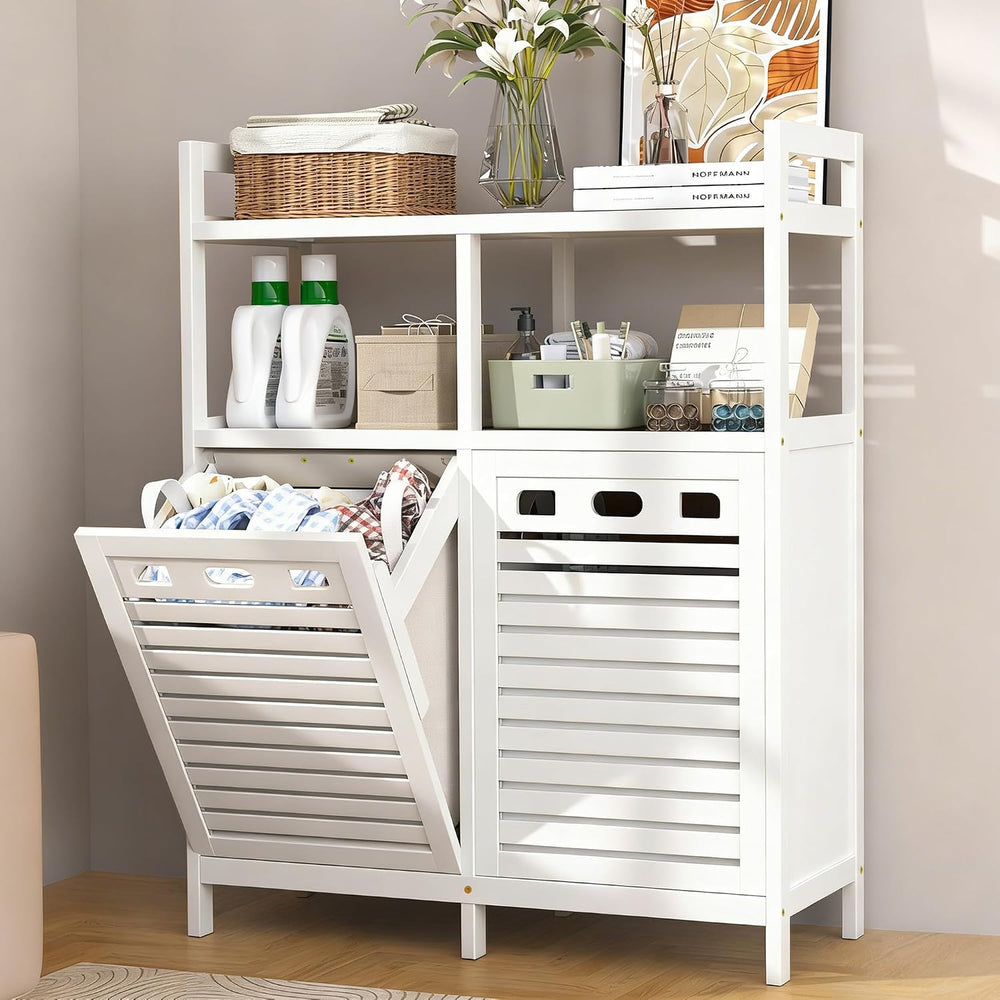 VASMIA Tilt Out Laundry Hamper Cabinet, Bamboo Double Laundry Hamper with 2 R...