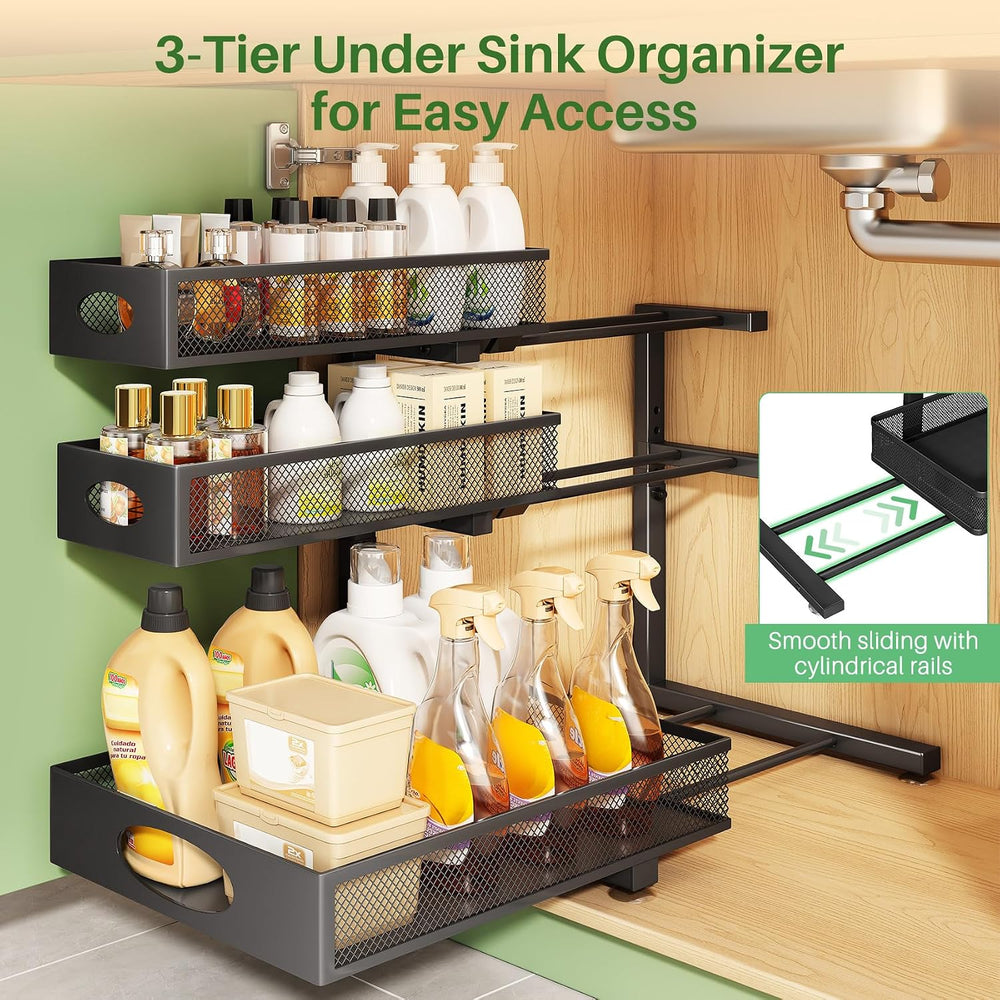 Kitstorack Under Sink Organizer 3-Tier Slide Out Drawer 2-Pack Black