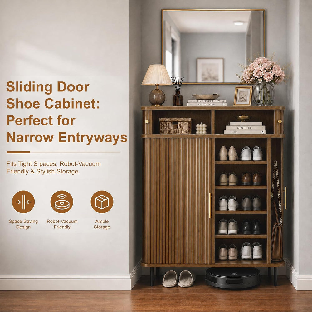 DreamDashio 5-Tier Shoe Cabinet with Tambour Sliding Door, Set of 2, Walnut
