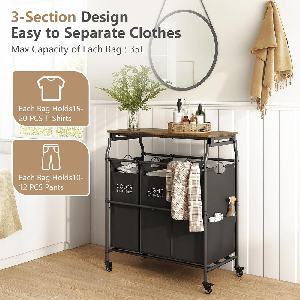 Hoctieon 3 Section Laundry Sorter with Iorning Board, Laundry Hamper, Black