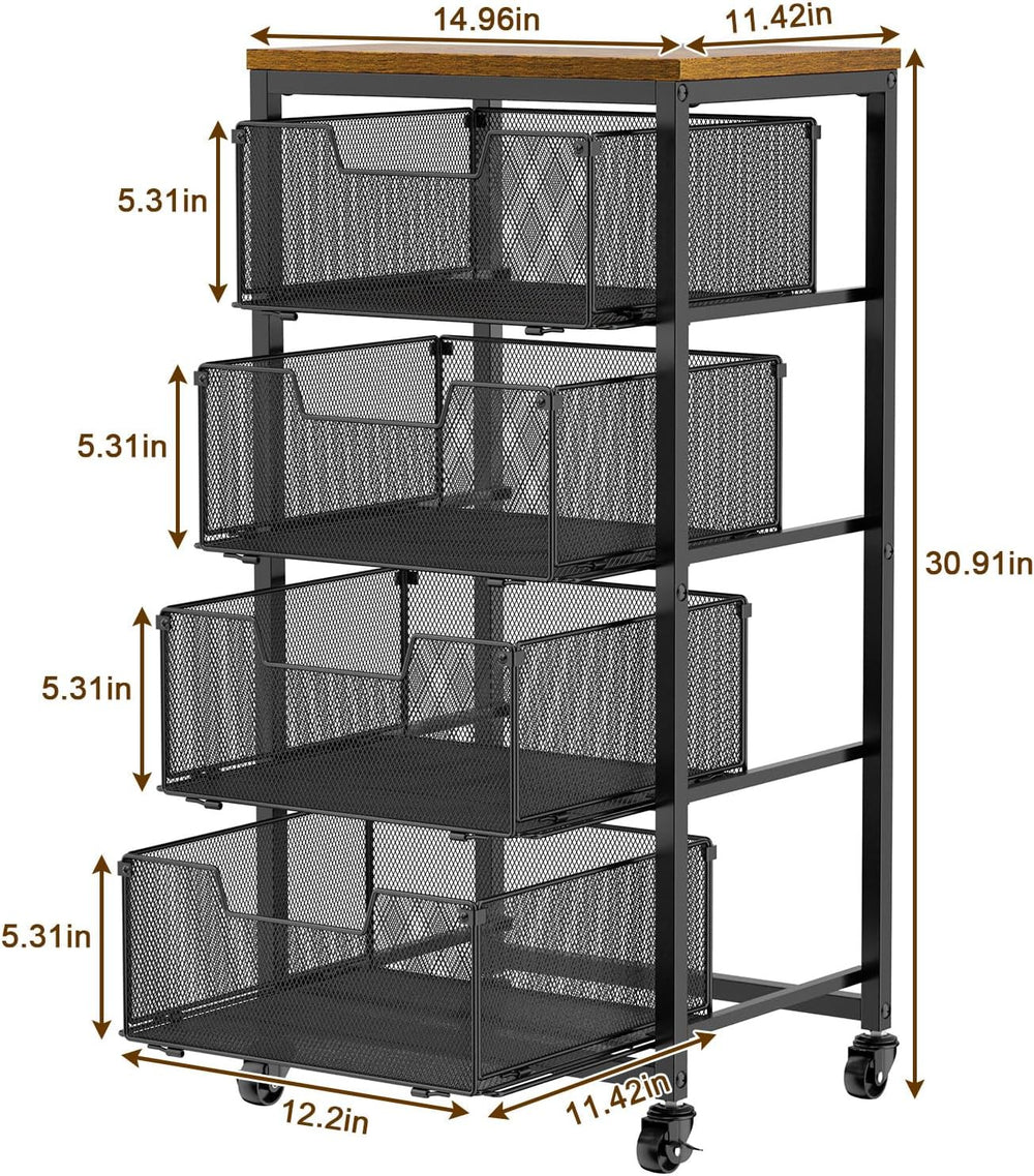Kitchen Rolling Cart with Drawers, 4-Tier Fruit Vegetable Storage Cart on Whe...