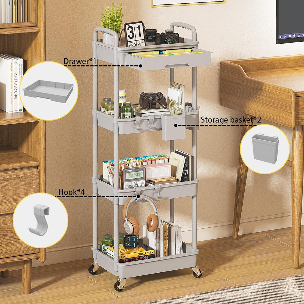 4 Tier Rolling Utility Cart with Drawer, Plastic Storage Organizer Rolling Ca...