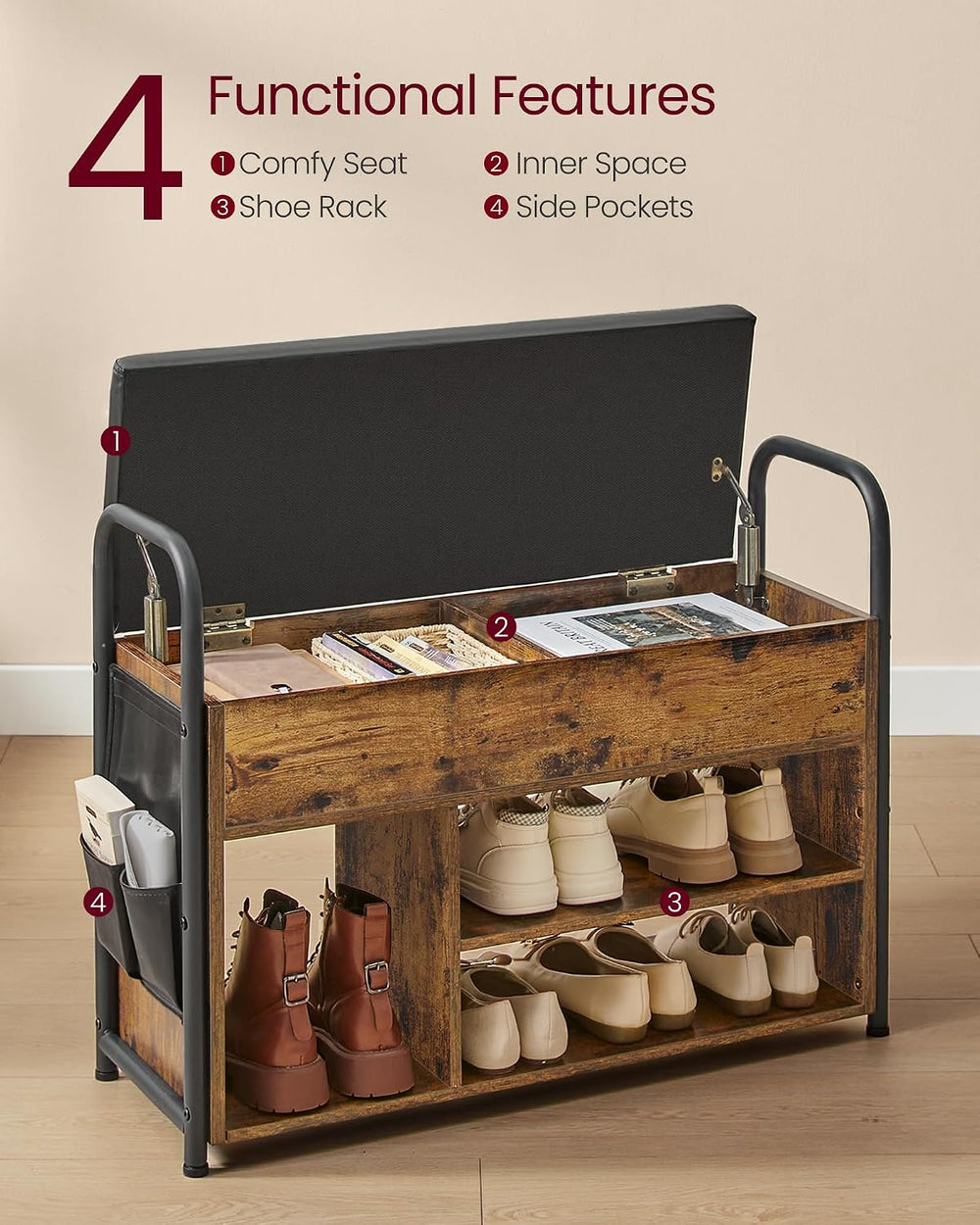 VASAGLE Shoe Bench, Shoe Rack, Inner Storage Under the Lid