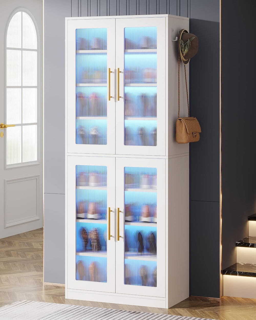 Tribesigns Tall Shoe Storage Cabinet with Acrylic Doors and LED Lights, 8-Tie...