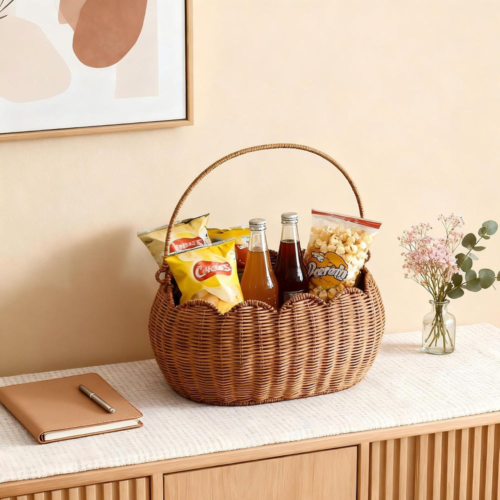 Scalloped Round Basket with Handle, Super Sturdy Wicker Storage Baskets, Hand...