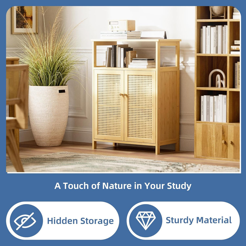 HITNET Rattan Bathroom Storage Cabinet, Bamboo Floor Cabinet with 2 Doors and...