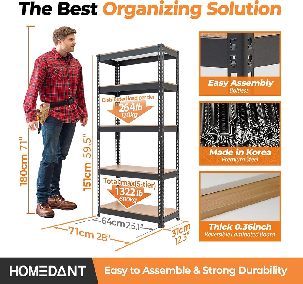 HOMEDANT Black 28" W 5 Tier Storage Shelves Garage Shelving Unit Metal